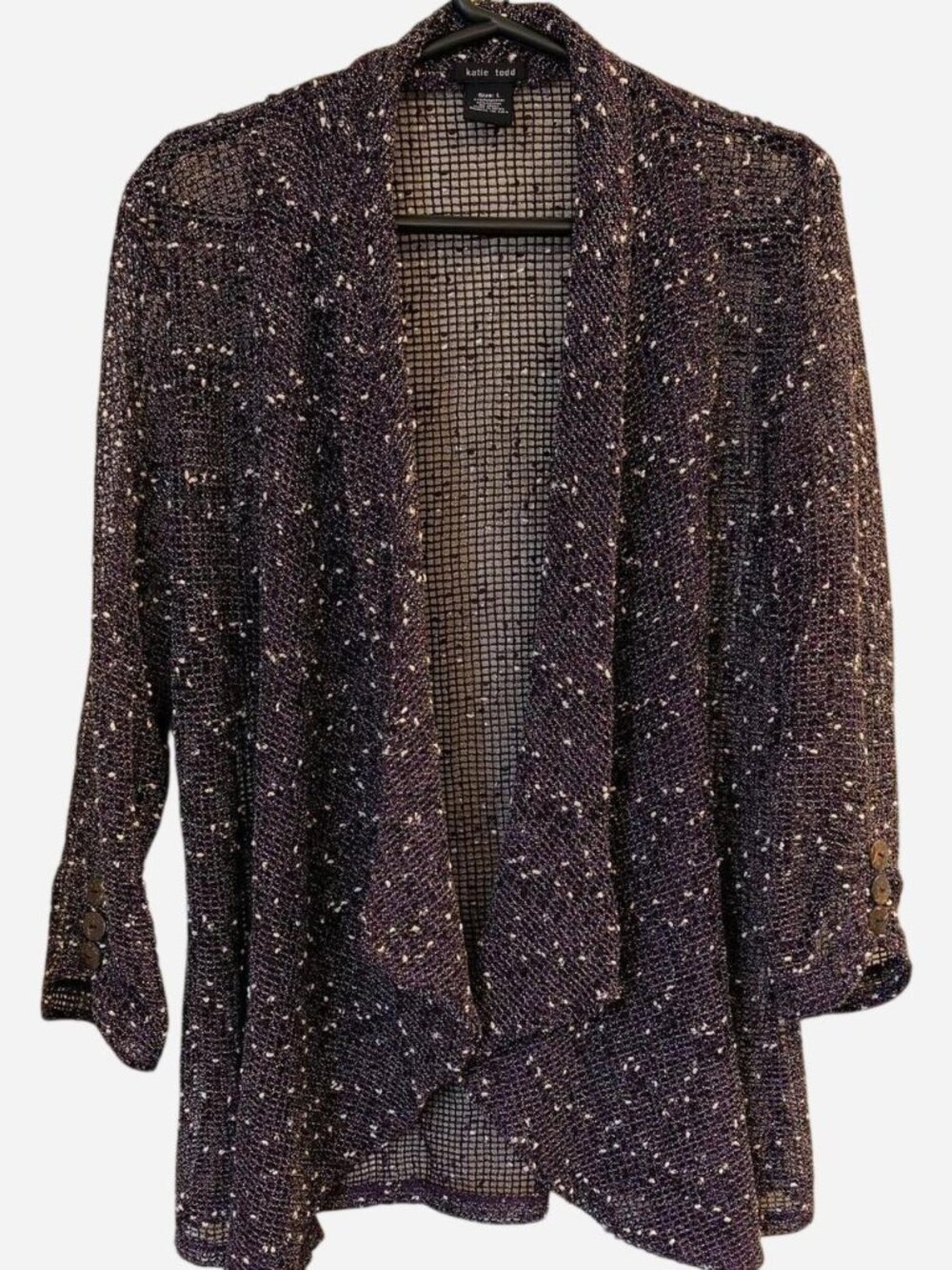Katie Todd Purple Open-Knit Cardigan | Lightweight Textured Layering Sweater | L